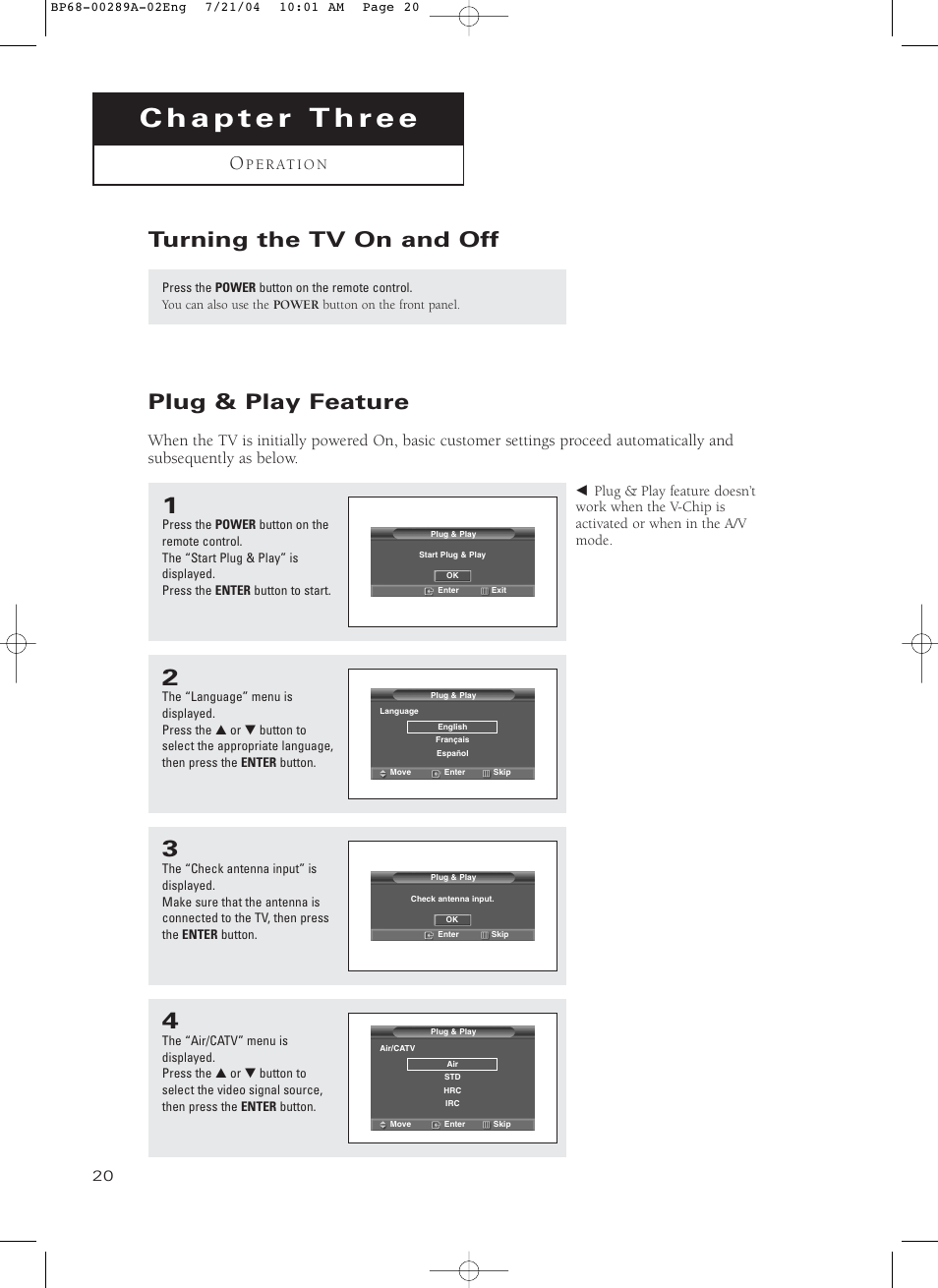 Chapter 3: operation, Turning the tv on and off, Plug & play feature | Samsung HC-P4752W User Manual | Page 20 / 71