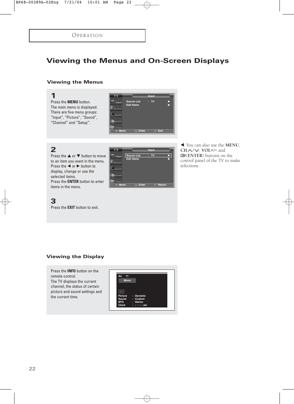 Viewing the menus and on-screen displays, Viewing the menus, Viewing the display | Samsung HC-P4752W User Manual | Page 22 / 71