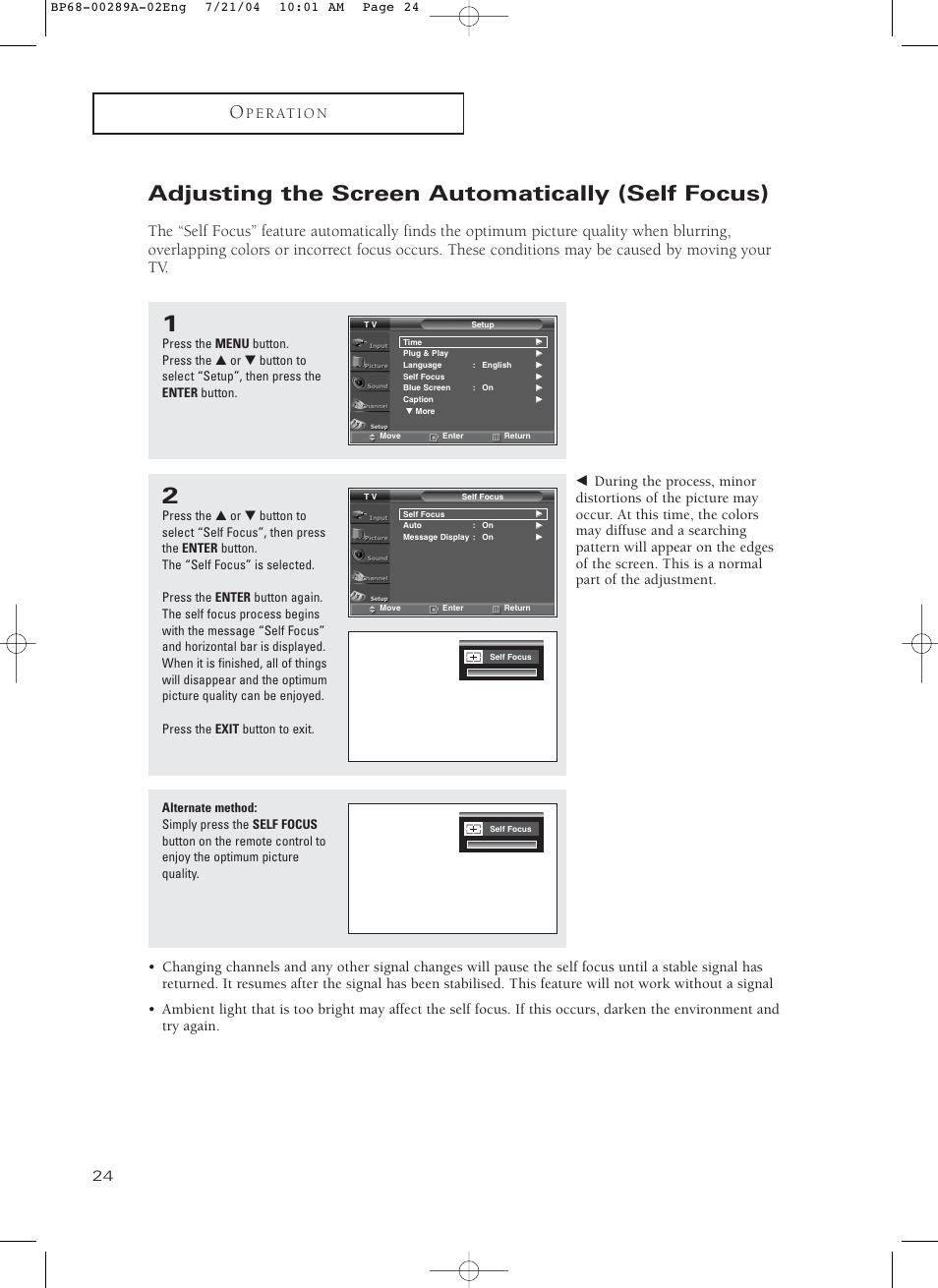 Adjusting the screen automatically (self focus), P e r at i o n | Samsung HC-P4752W User Manual | Page 24 / 71