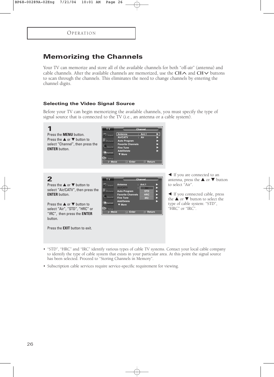 Memorizing the channels, Selecting the video signal source | Samsung HC-P4752W User Manual | Page 26 / 71