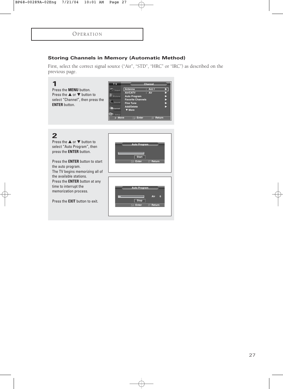 Storing channels in memory (automatic method) | Samsung HC-P4752W User Manual | Page 27 / 71