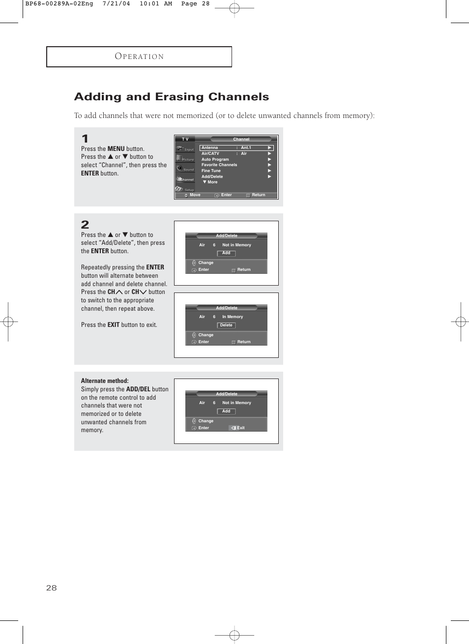 Adding and erasing channels | Samsung HC-P4752W User Manual | Page 28 / 71