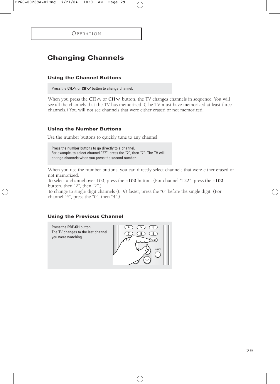 Changing channels, Using the channel buttons, Using the number buttons | Using the previous channel | Samsung HC-P4752W User Manual | Page 29 / 71