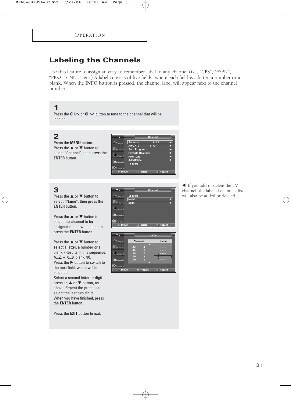 Labeling the channels, P e r at i o n | Samsung HC-P4752W User Manual | Page 31 / 71