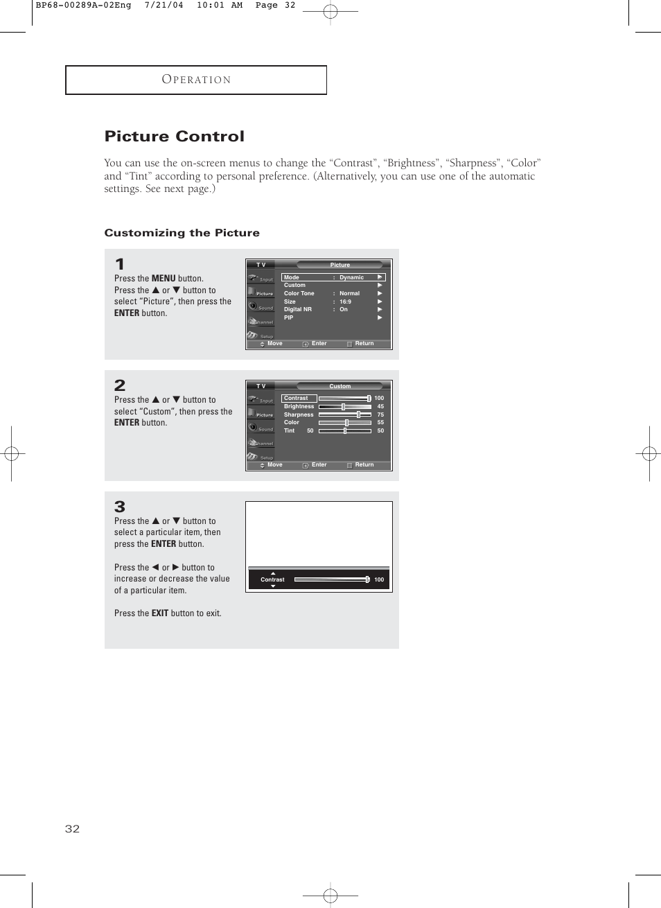 Picture control, Customizing the picture | Samsung HC-P4752W User Manual | Page 32 / 71