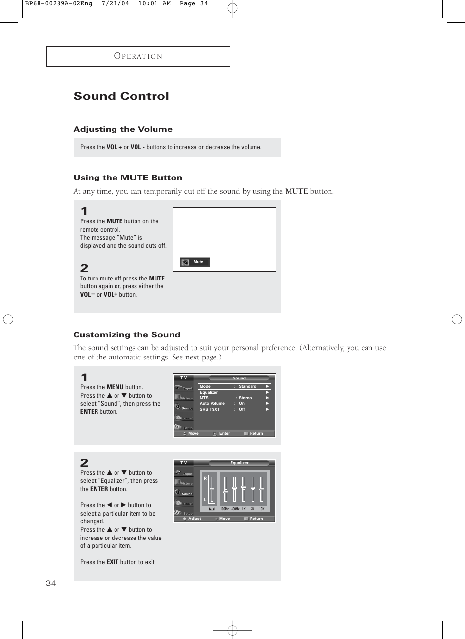 Sound control, Adjusting the volume, Using the mute button | Customizing the sound | Samsung HC-P4752W User Manual | Page 34 / 71