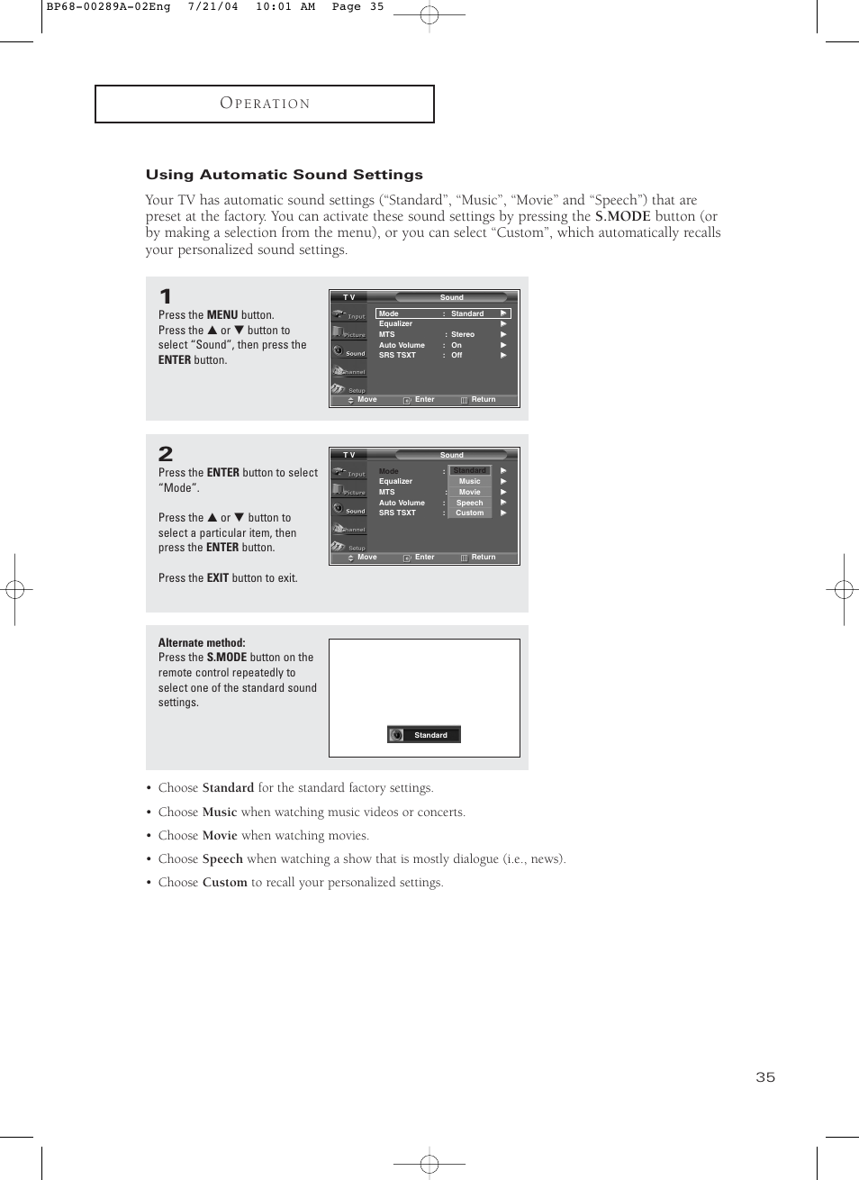 Using automatic sound settings | Samsung HC-P4752W User Manual | Page 35 / 71