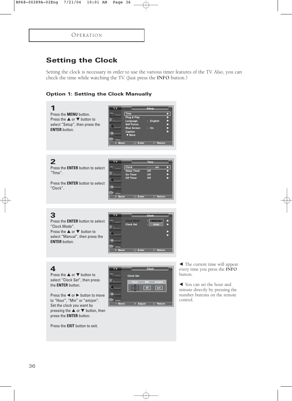 Setting the clock, Option 1: setting the clock manually | Samsung HC-P4752W User Manual | Page 36 / 71