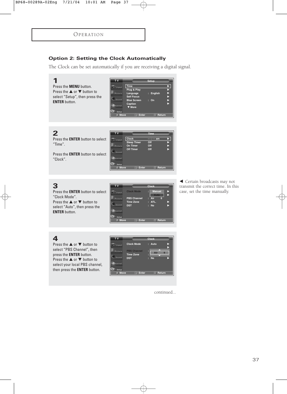 Option 2: setting the clock automatically, Continued | Samsung HC-P4752W User Manual | Page 37 / 71