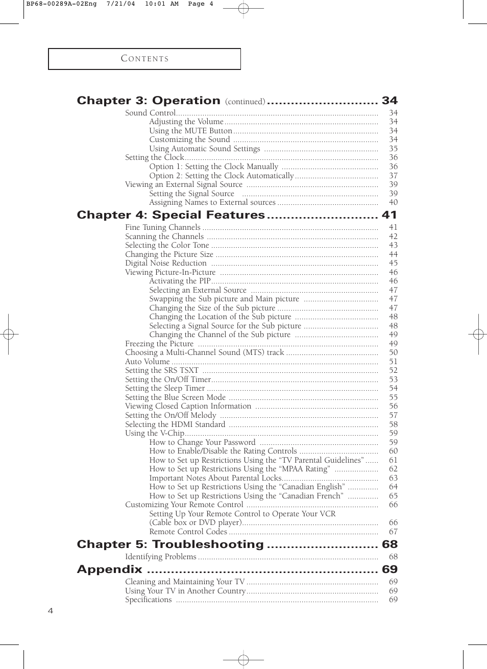 Chapter 3: operation, Chapter 4: special features, Chapter 5: troubleshooting | Appendix | Samsung HC-P4752W User Manual | Page 4 / 71