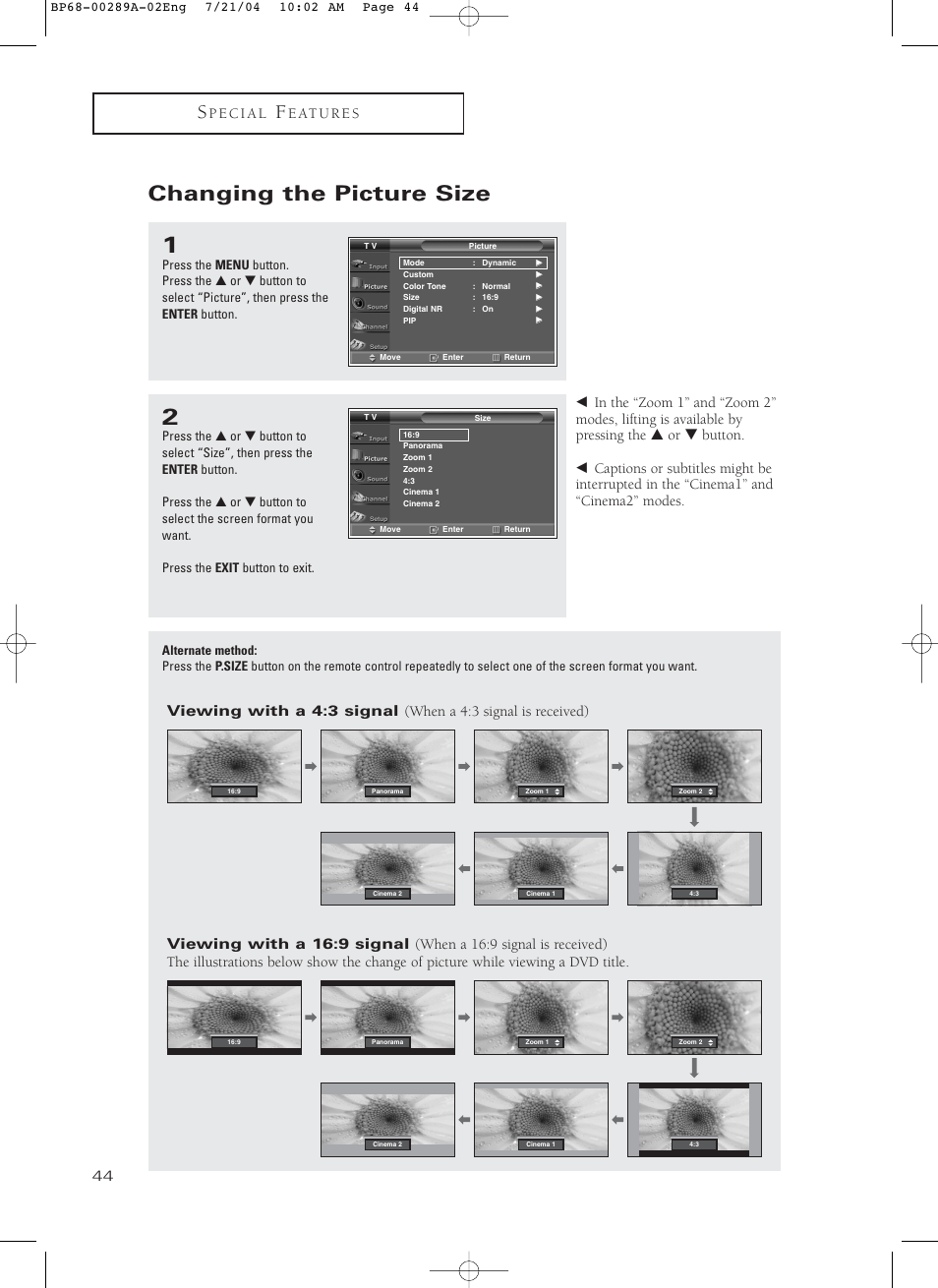 Changing the picture size | Samsung HC-P4752W User Manual | Page 44 / 71
