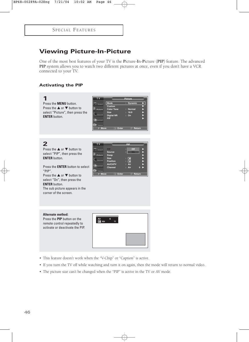 Viewing picture-in-picture, Activating the pip | Samsung HC-P4752W User Manual | Page 46 / 71