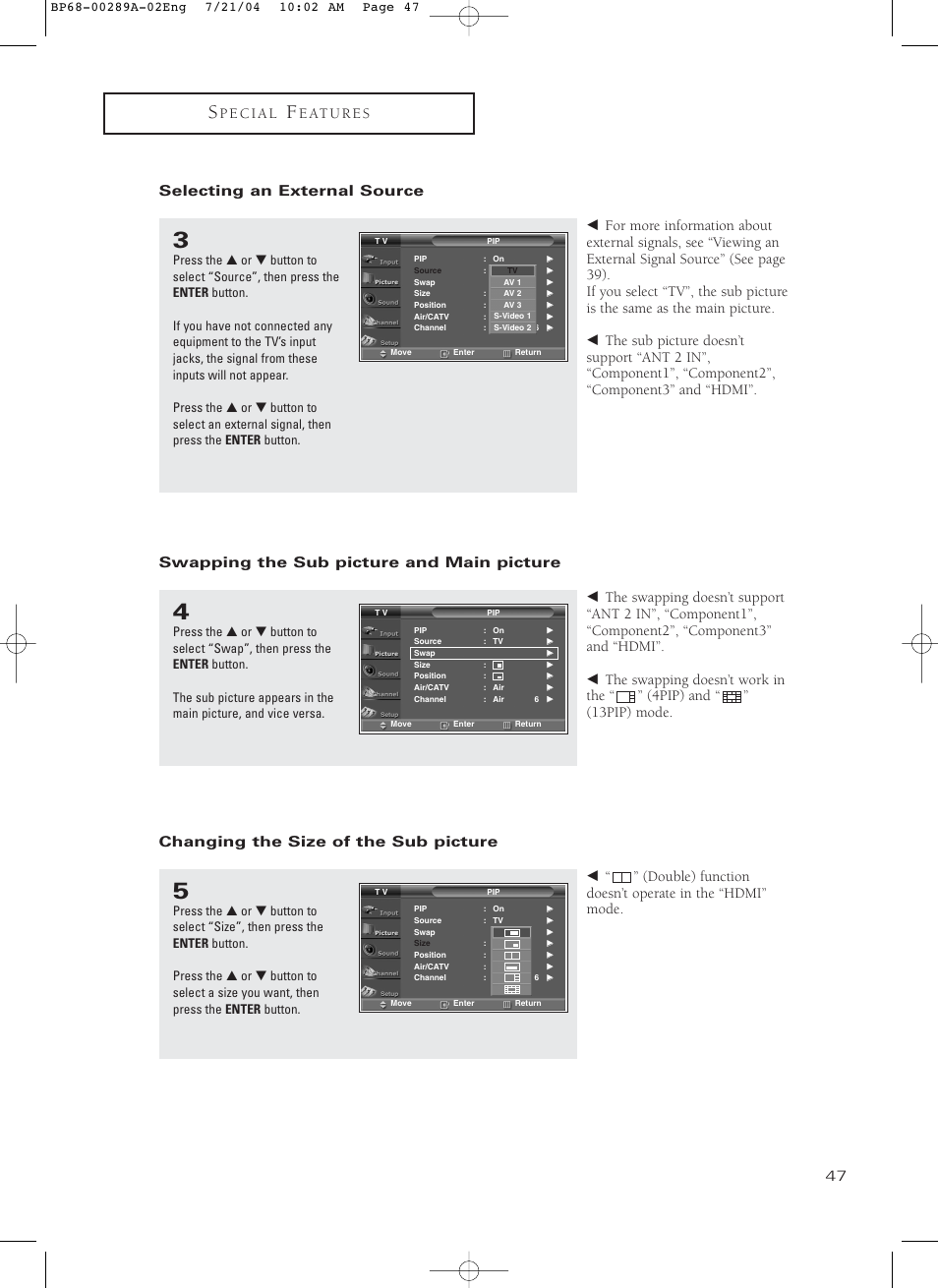 Selecting an external source, Swapping the sub picture and main picture, Changing the size of the sub picture | Samsung HC-P4752W User Manual | Page 47 / 71