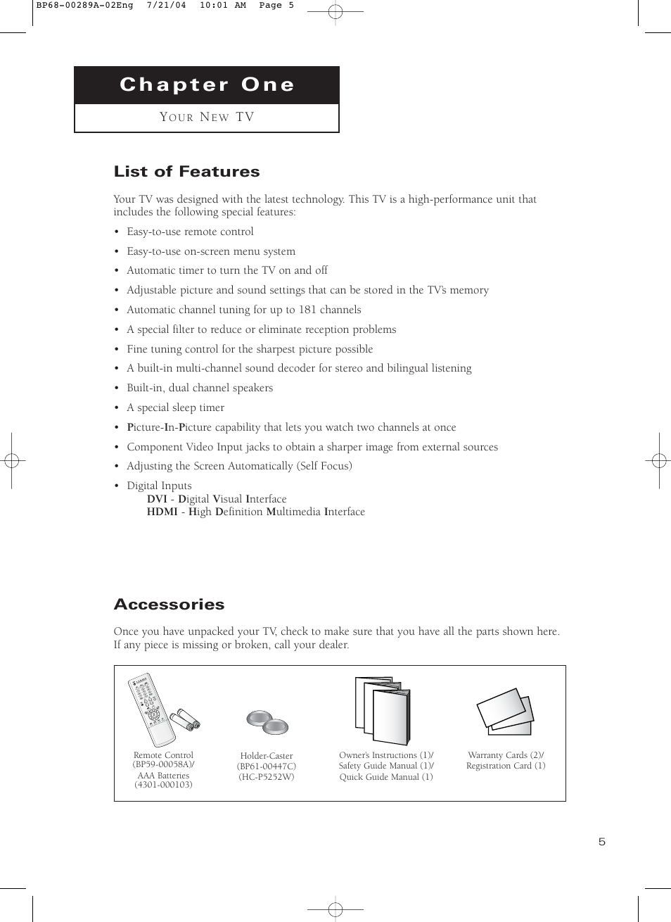 Chapter 1: your new tv, List of features, Accessories | Samsung HC-P4752W User Manual | Page 5 / 71