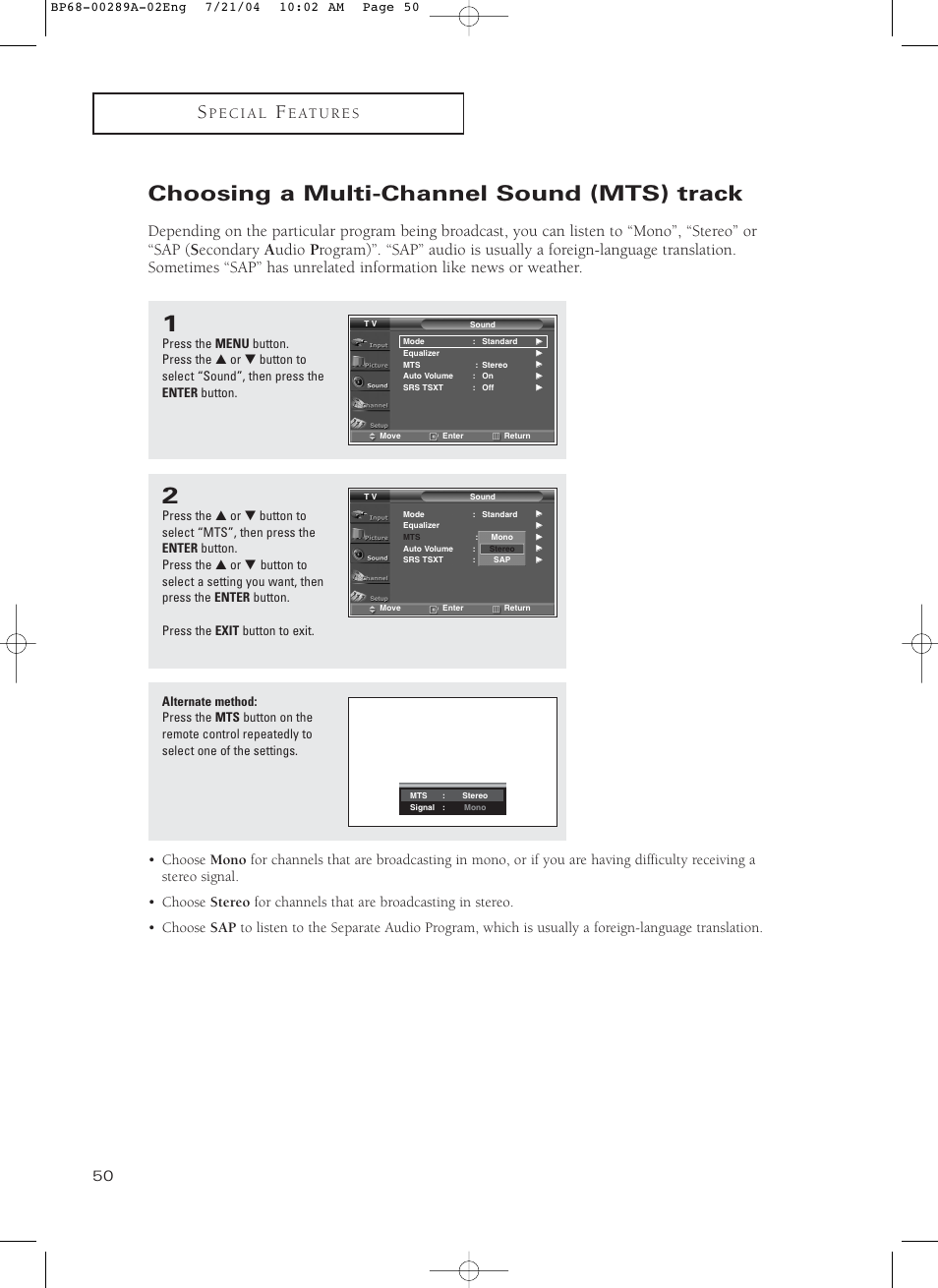 Choosing a multi-channel sound (mts) track | Samsung HC-P4752W User Manual | Page 50 / 71