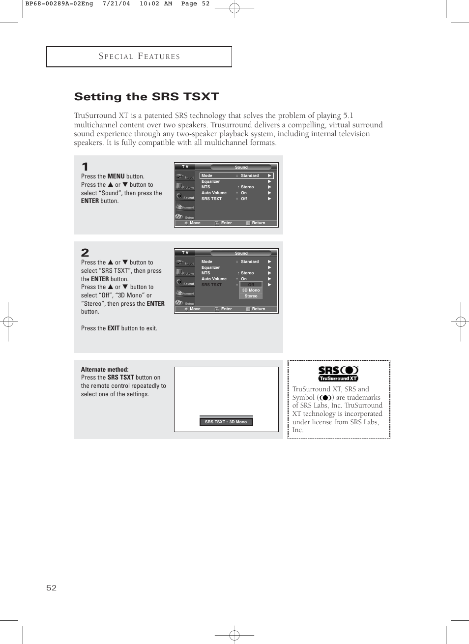 Setting the srs tsxt | Samsung HC-P4752W User Manual | Page 52 / 71