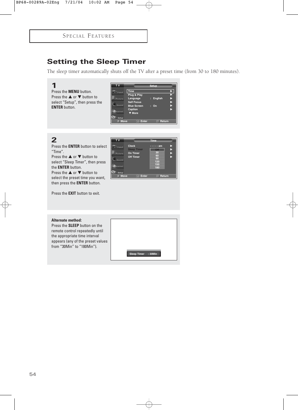 Setting the sleep timer | Samsung HC-P4752W User Manual | Page 54 / 71