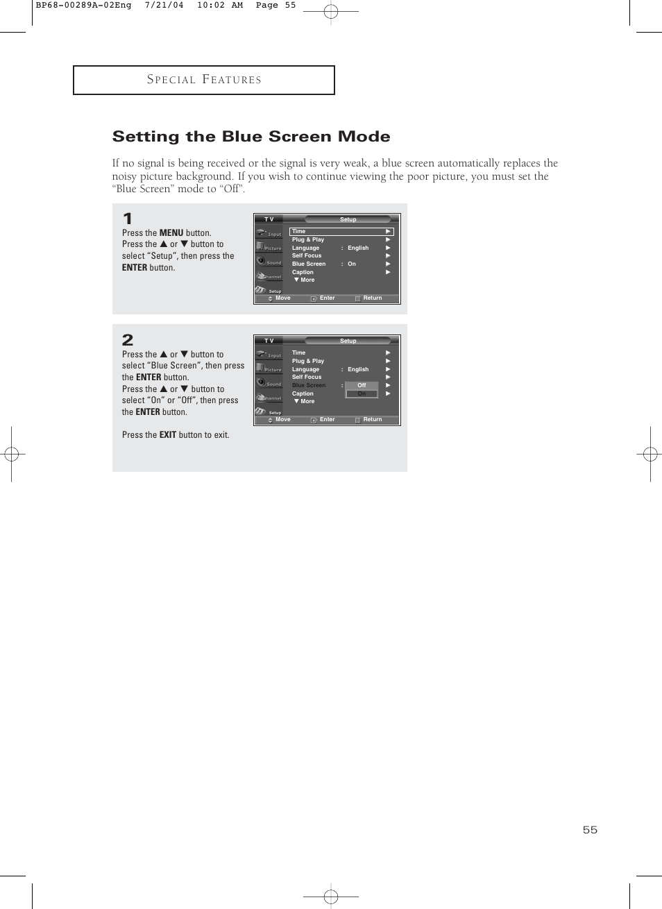 Setting the blue screen mode | Samsung HC-P4752W User Manual | Page 55 / 71