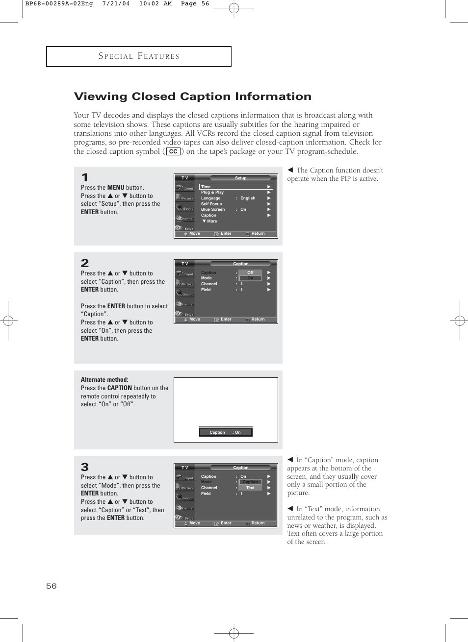 Viewing closed caption information | Samsung HC-P4752W User Manual | Page 56 / 71