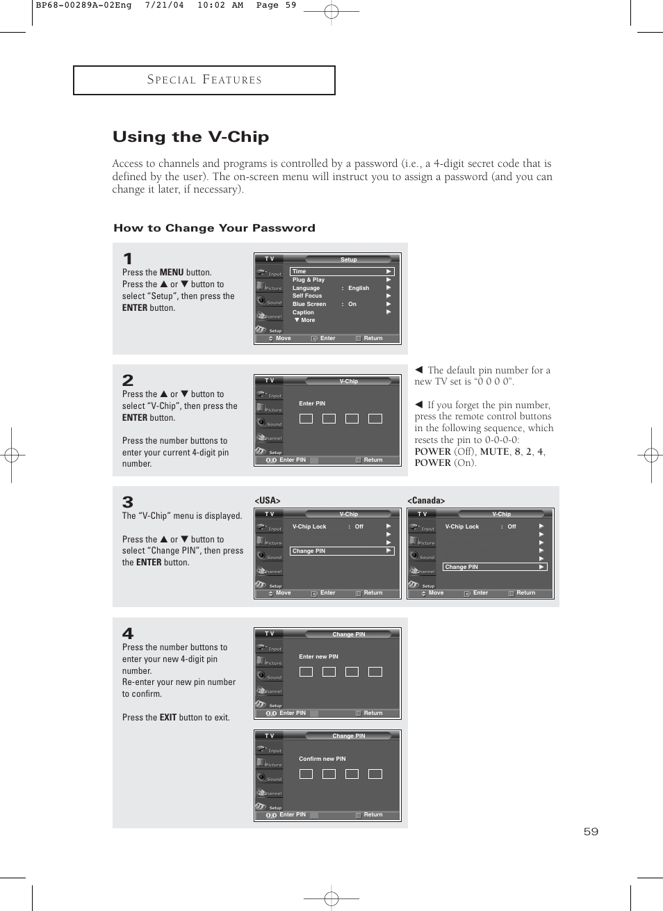 Using the v-chip, How to change your password | Samsung HC-P4752W User Manual | Page 59 / 71