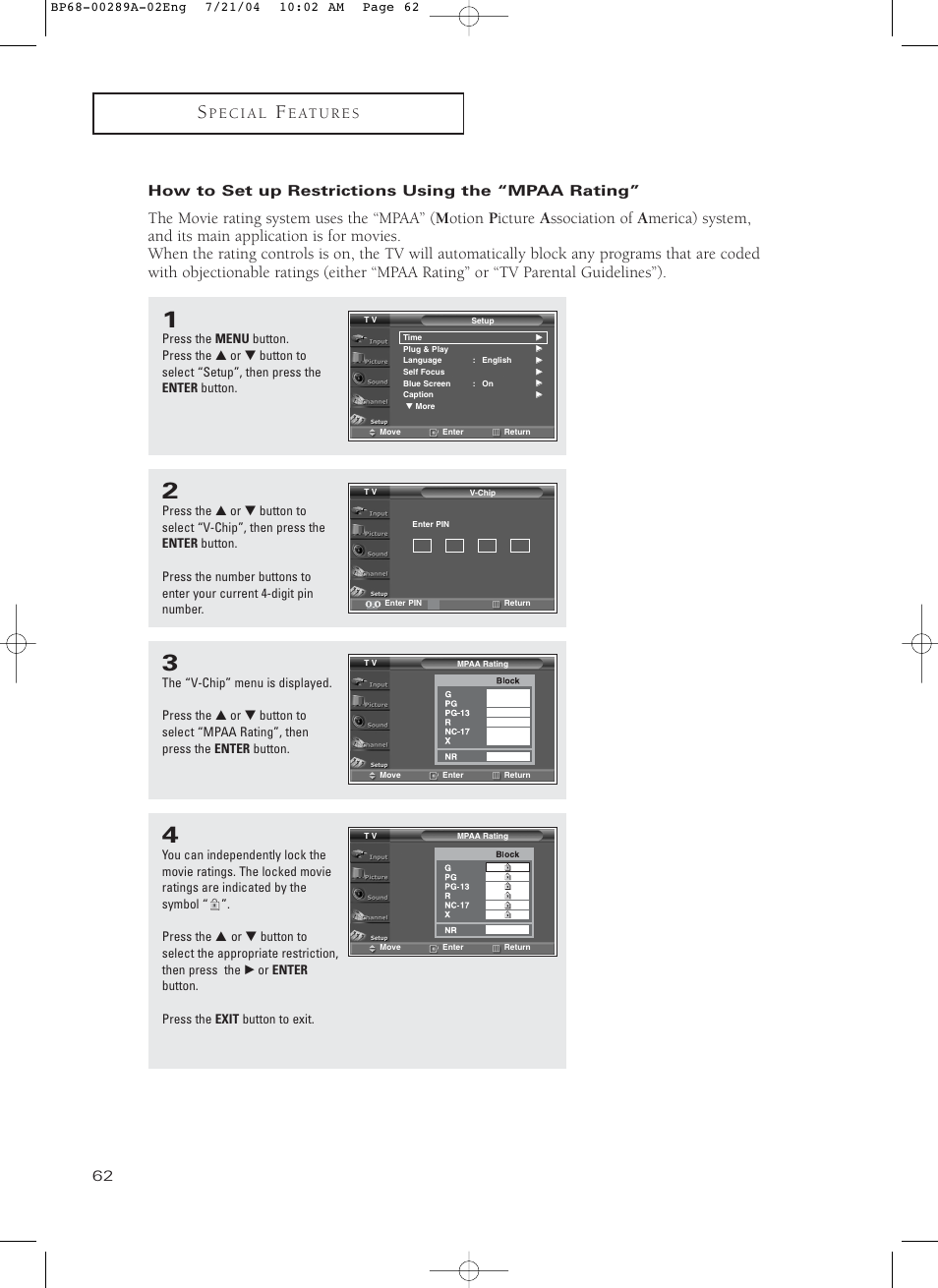 How to set up restrictions using the "mpaa rating | Samsung HC-P4752W User Manual | Page 62 / 71