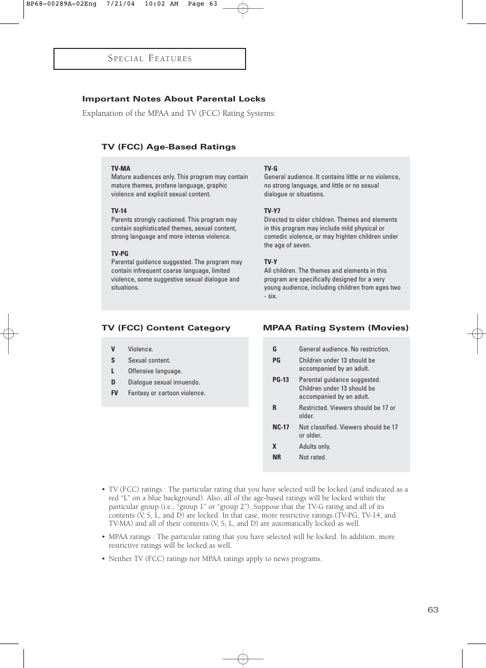 Important notes about parental locks | Samsung HC-P4752W User Manual | Page 63 / 71