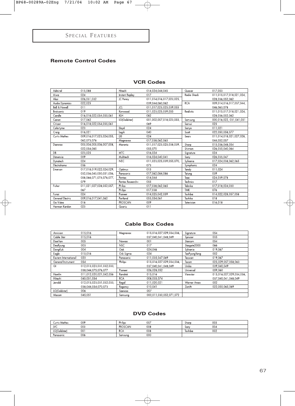 Remote control codes | Samsung HC-P4752W User Manual | Page 67 / 71