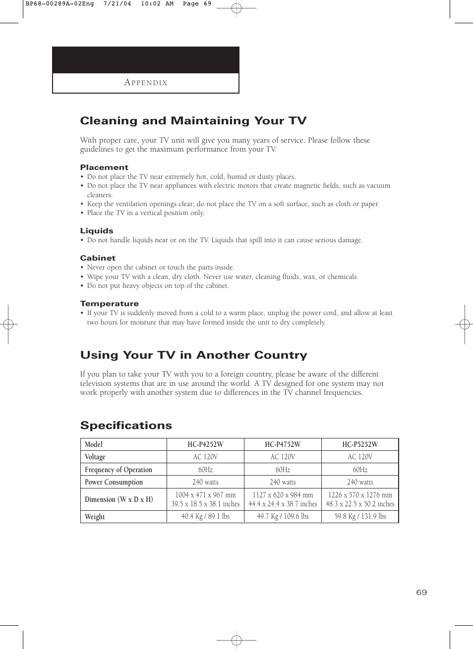 Appendix, Cleaning and maintaining your tv, Using your tv in another country | Specifications | Samsung HC-P4752W User Manual | Page 69 / 71