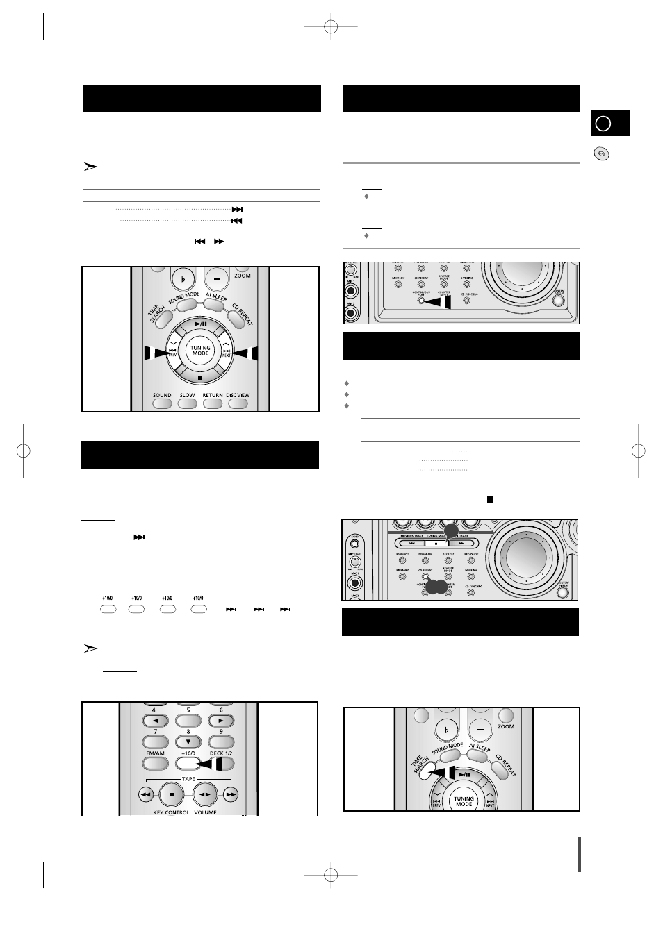 Searching for a specific music passage on a cd, Function to skip through 10 tracks at a time, Continuous play | Repeating one or all tracks on the compact discs, Last memory function | Samsung MAX-VS940 User Manual | Page 13 / 28