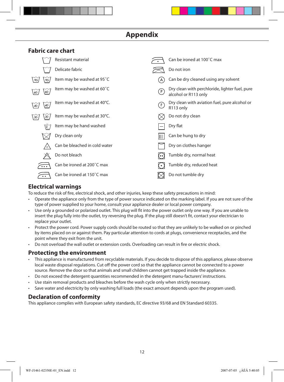 Appendix, Fabric care chart, Electrical warnings | Protecting the environment, Declaration of conformity | Samsung WF-S1061(V/S/C) User Manual | Page 12 / 14