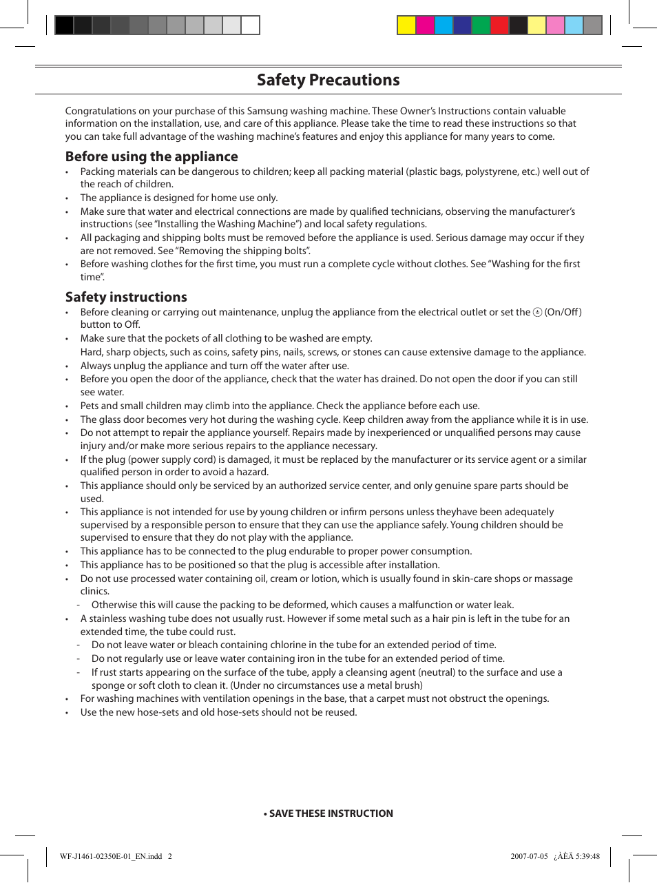 Safety precautions, Before using the appliance, Safety instructions | Samsung WF-S1061(V/S/C) User Manual | Page 2 / 14