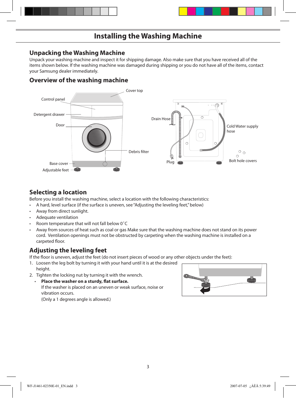 Installing the washing machine, Unpacking the washing machine, Adjusting the leveling feet | Oc rpm min, Start pause | Samsung WF-S1061(V/S/C) User Manual | Page 3 / 14