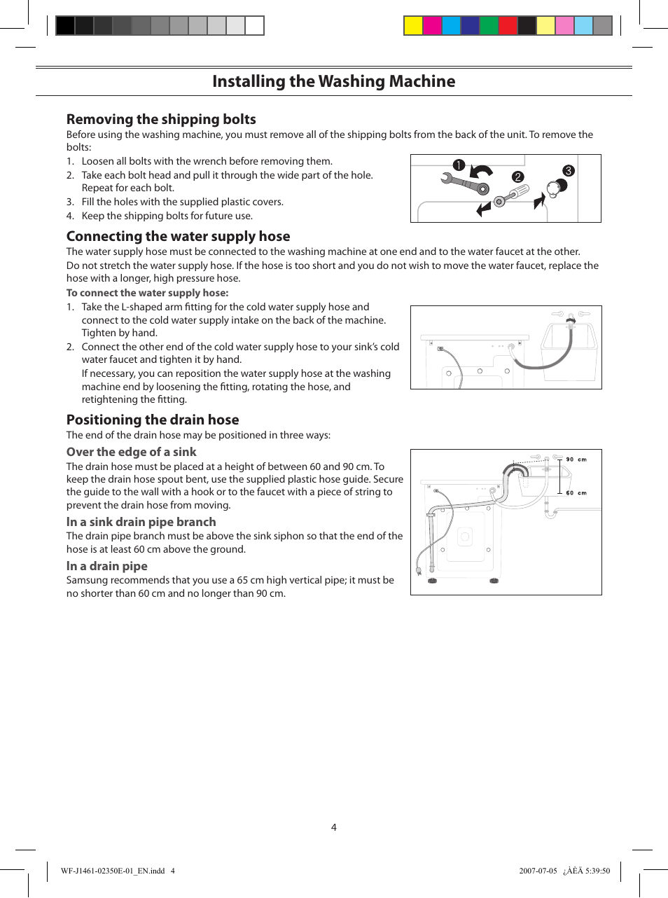 Installing the washing machine, Removing the shipping bolts, Connecting the water supply hose | Positioning the drain hose | Samsung WF-S1061(V/S/C) User Manual | Page 4 / 14