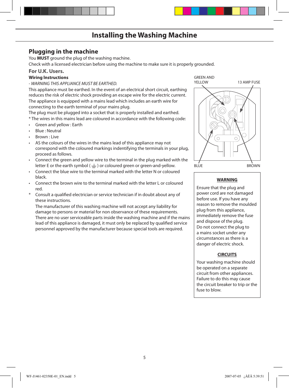 Installing the washing machine, Plugging in the machine | Samsung WF-S1061(V/S/C) User Manual | Page 5 / 14