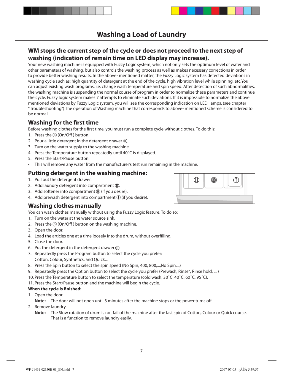 Washing a load of laundry, Washing for the ﬁrst time, Putting detergent in the washing machine | Washing clothes manually | Samsung WF-S1061(V/S/C) User Manual | Page 7 / 14