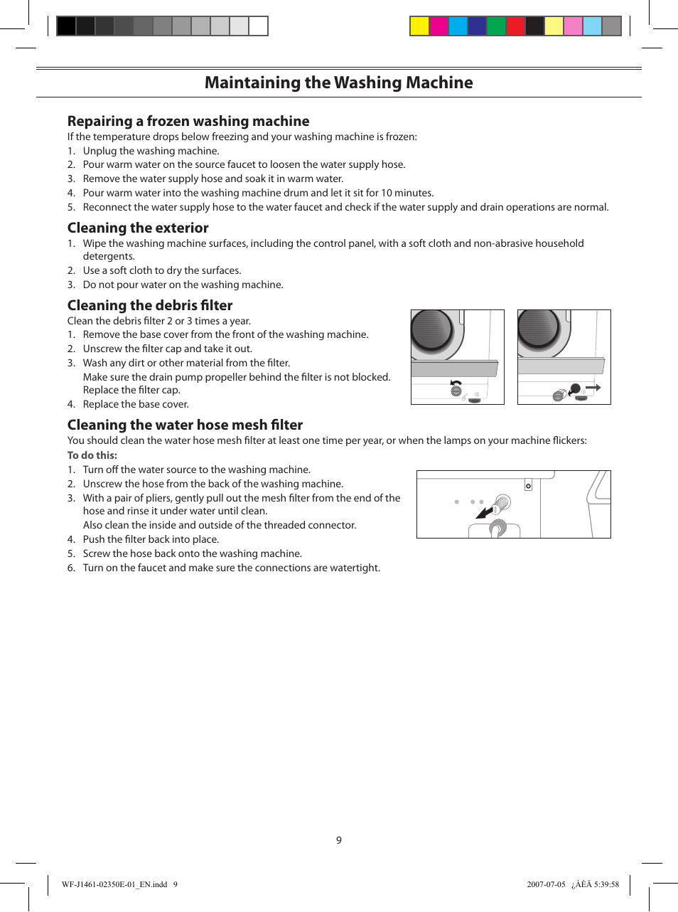 Maintaining the washing machine, Repairing a frozen washing machine, Cleaning the exterior | Cleaning the debris ﬁlter, Cleaning the water hose mesh ﬁlter | Samsung WF-S1061(V/S/C) User Manual | Page 9 / 14