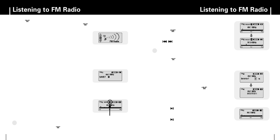 Listening to fm radio, Imanual search for a frequency, Imanual storage of a frequency | Iautomatic search for a frequency, Iautomatic storage of a frequency, Imute function | Samsung YP-MT6 User Manual | Page 17 / 32