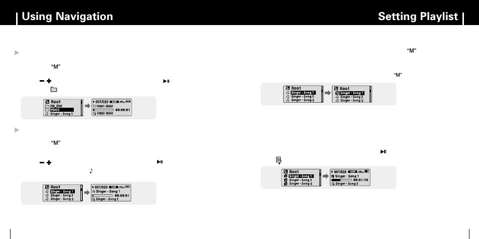Setting playlist, Setting playlist using navigation, Iplaying/exiting folder | Isetting playlist i playing playlist | Samsung YP-MT6 User Manual | Page 20 / 32