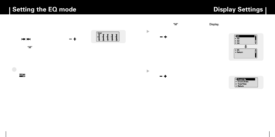 User eq set, Display settings, Scroll speed | Display time, Display settings setting the eq mode, Iuser eq set | Samsung YP-MT6 User Manual | Page 23 / 32