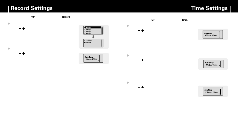 Record settings, Time settings, Time settings record settings | Samsung YP-MT6 User Manual | Page 26 / 32