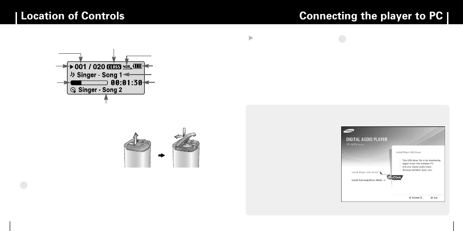 Connecting the player to pc, Connecting the player to pc location of controls | Samsung YP-MT6 User Manual | Page 6 / 32