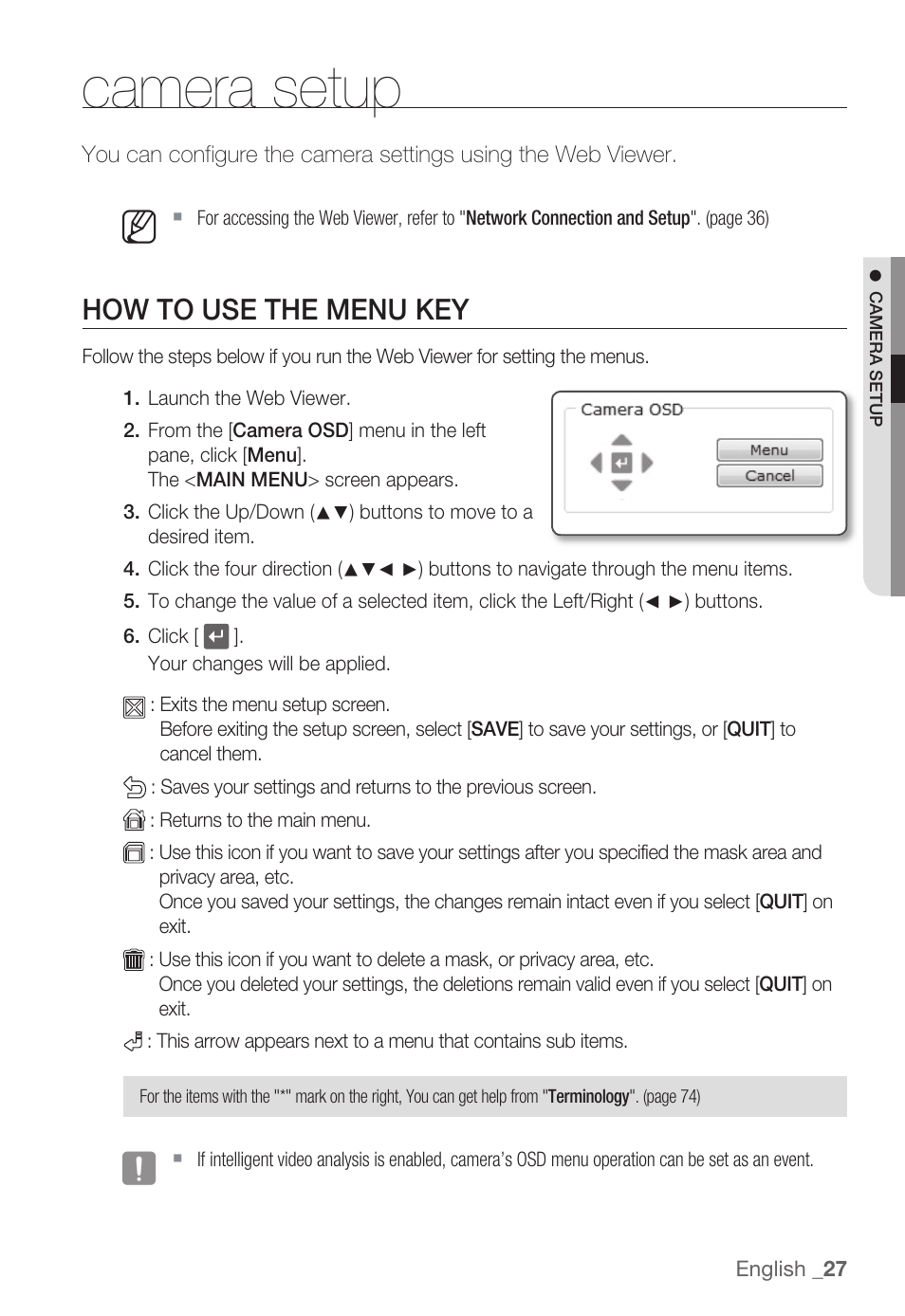 Camera setup, How to use the menu key | Samsung SNC-B5399 User Manual | Page 27 / 117