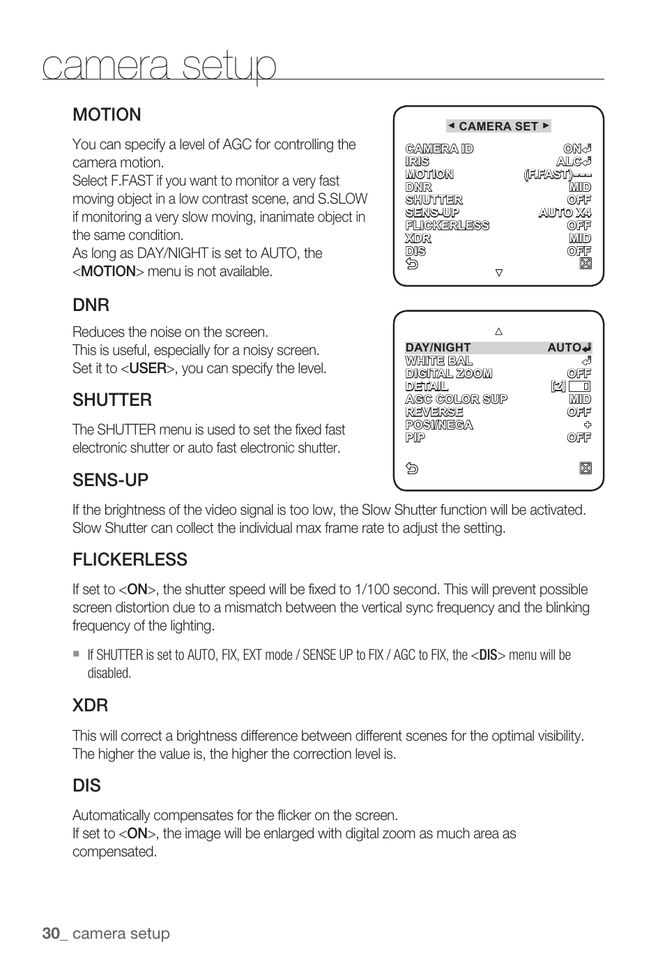 Camera setup, Motion, Shutter | Sens-up, Flickerless, 30_ camera setup | Samsung SNC-B5399 User Manual | Page 30 / 117