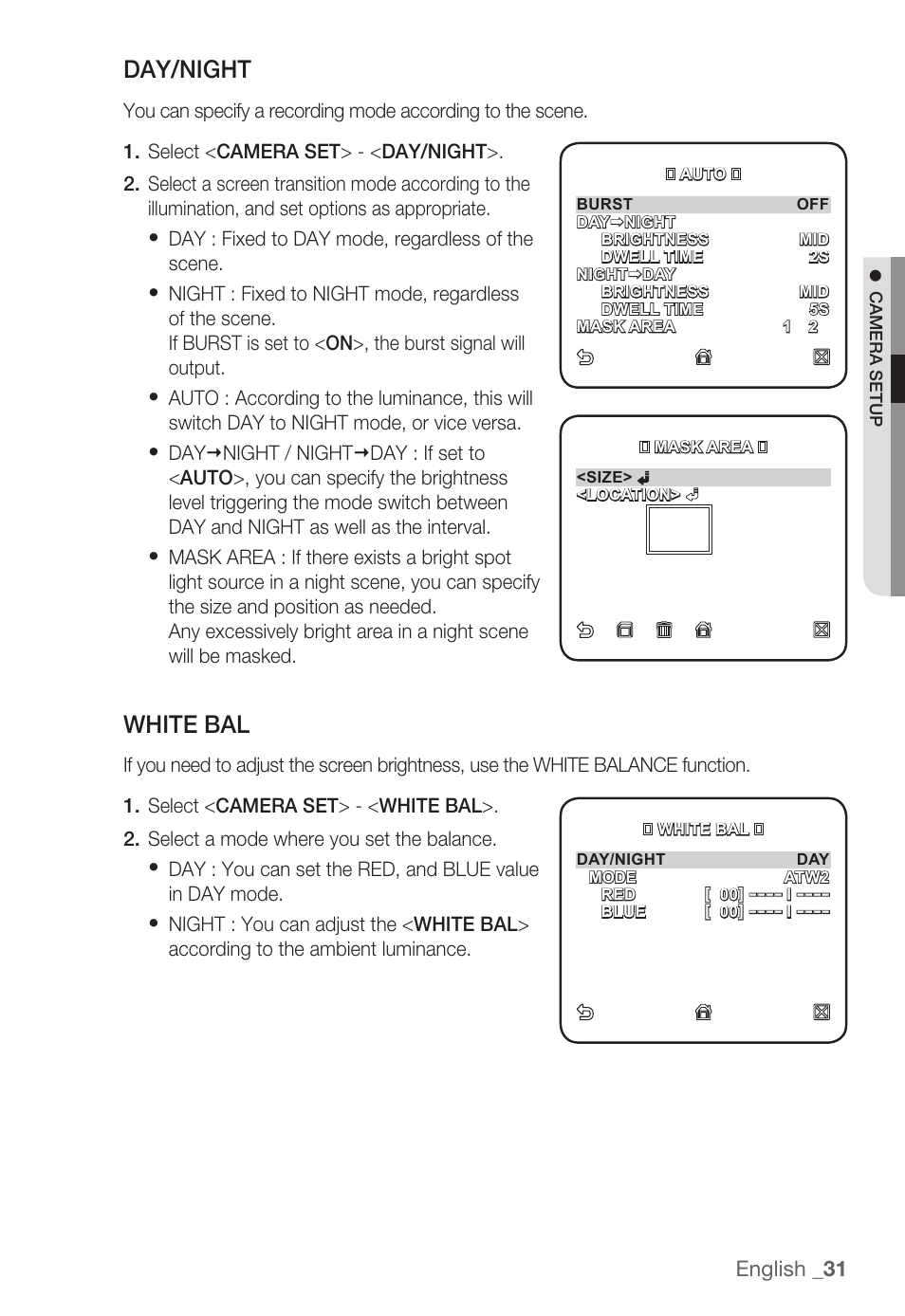 Day/night, White bal, English _31 | Samsung SNC-B5399 User Manual | Page 31 / 117