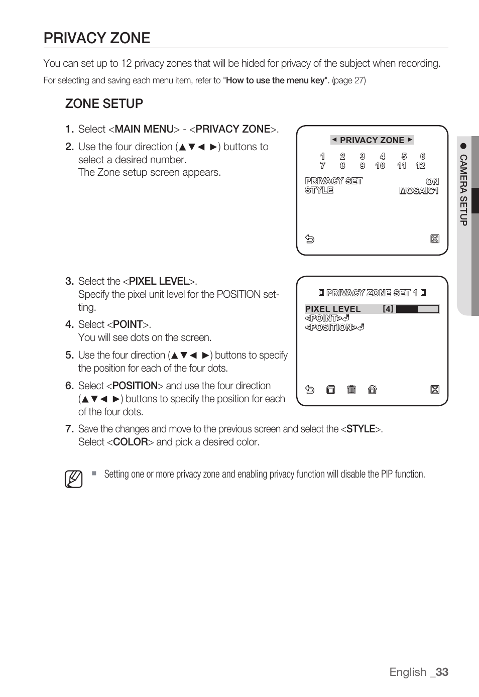 Privacy zone, Zone setup, English _33 | Samsung SNC-B5399 User Manual | Page 33 / 117