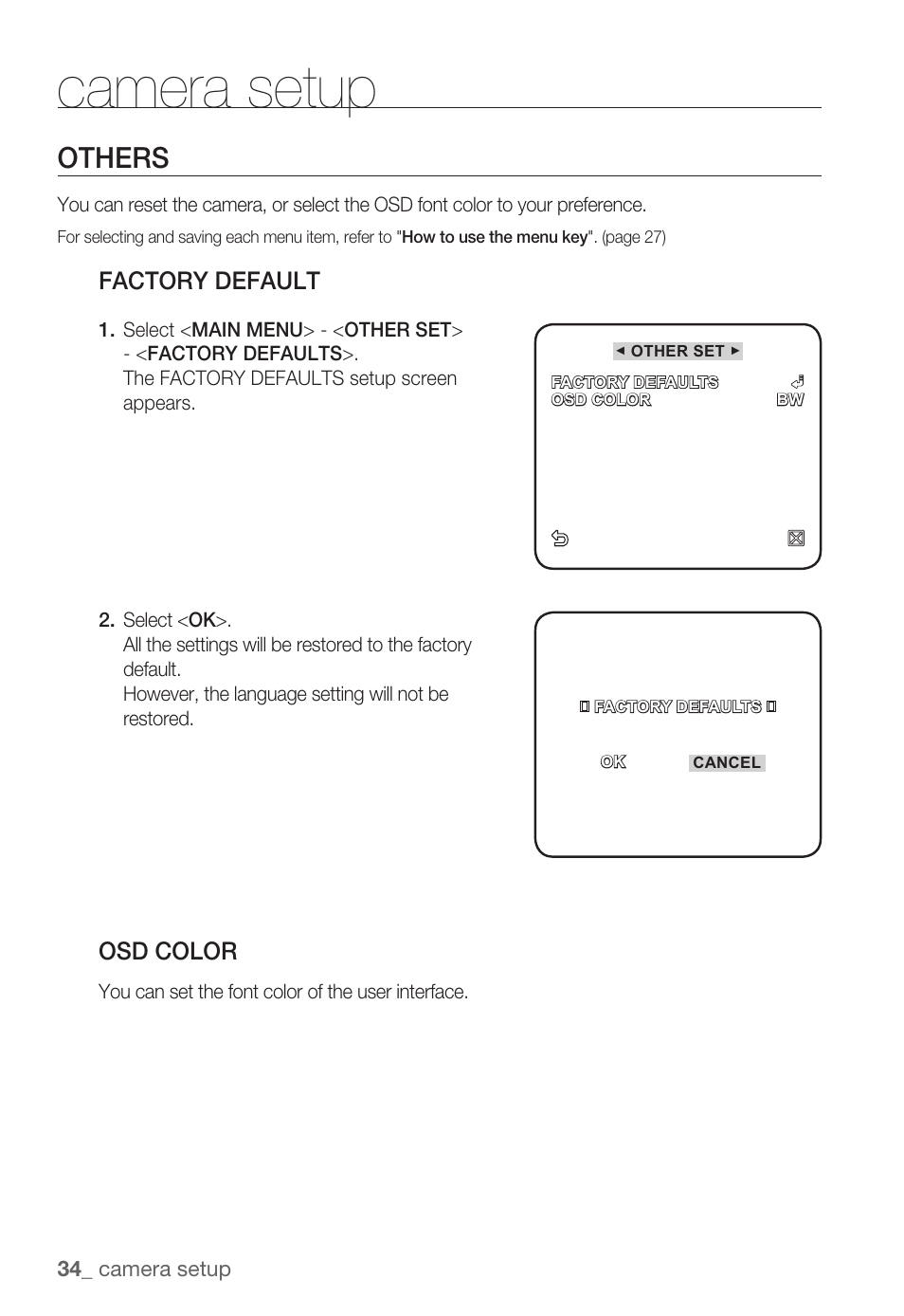 Camera setup, Others, Factory default | Osd color | Samsung SNC-B5399 User Manual | Page 34 / 117