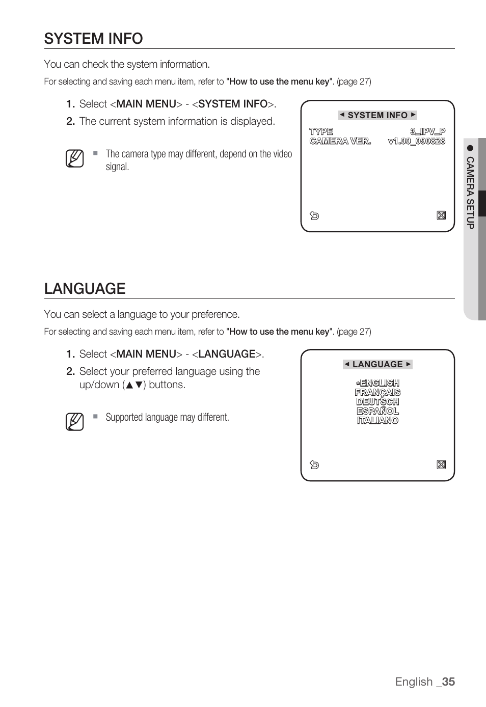 System info, Language | Samsung SNC-B5399 User Manual | Page 35 / 117