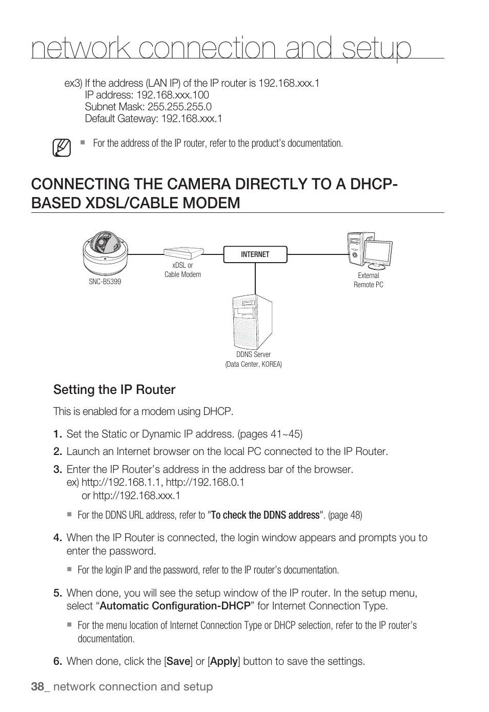 Network connection and setup | Samsung SNC-B5399 User Manual | Page 38 / 117