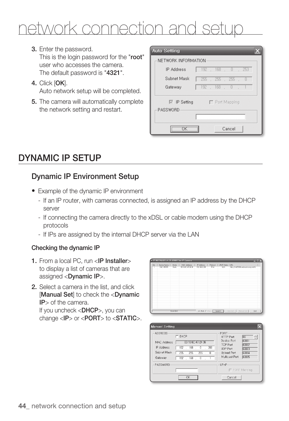 Network connection and setup, Dynamic ip setup | Samsung SNC-B5399 User Manual | Page 44 / 117