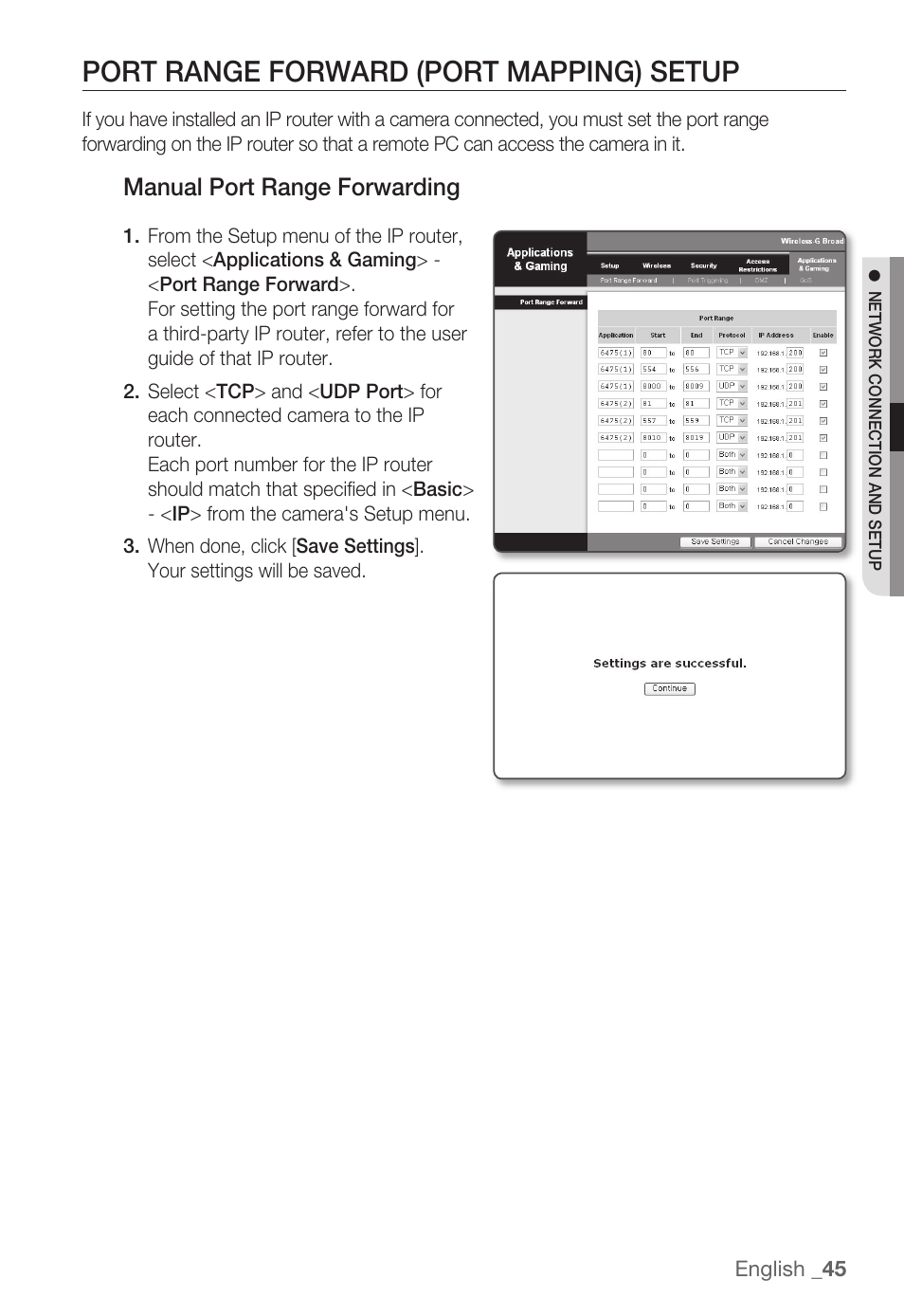 Port range forward (port mapping) setup, Manual port range forwarding | Samsung SNC-B5399 User Manual | Page 45 / 117